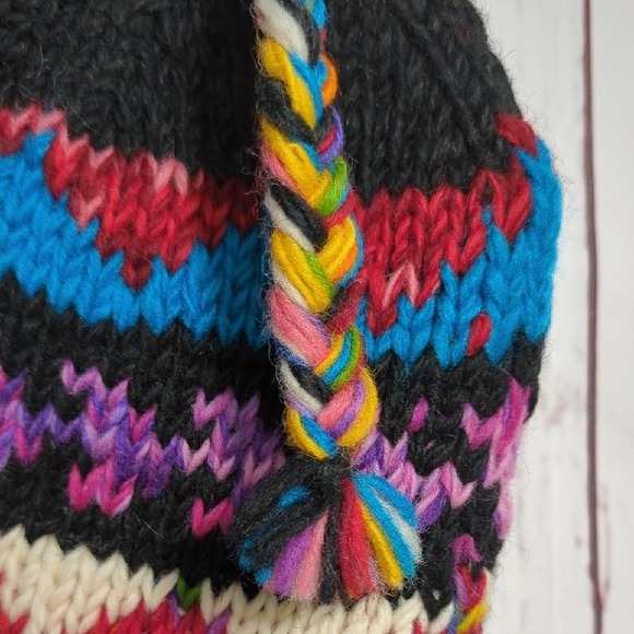 Colorful Knit Wool Chullo Peruvian Beanie Earflap Hat Made in Nepal Braided Ties main image 9